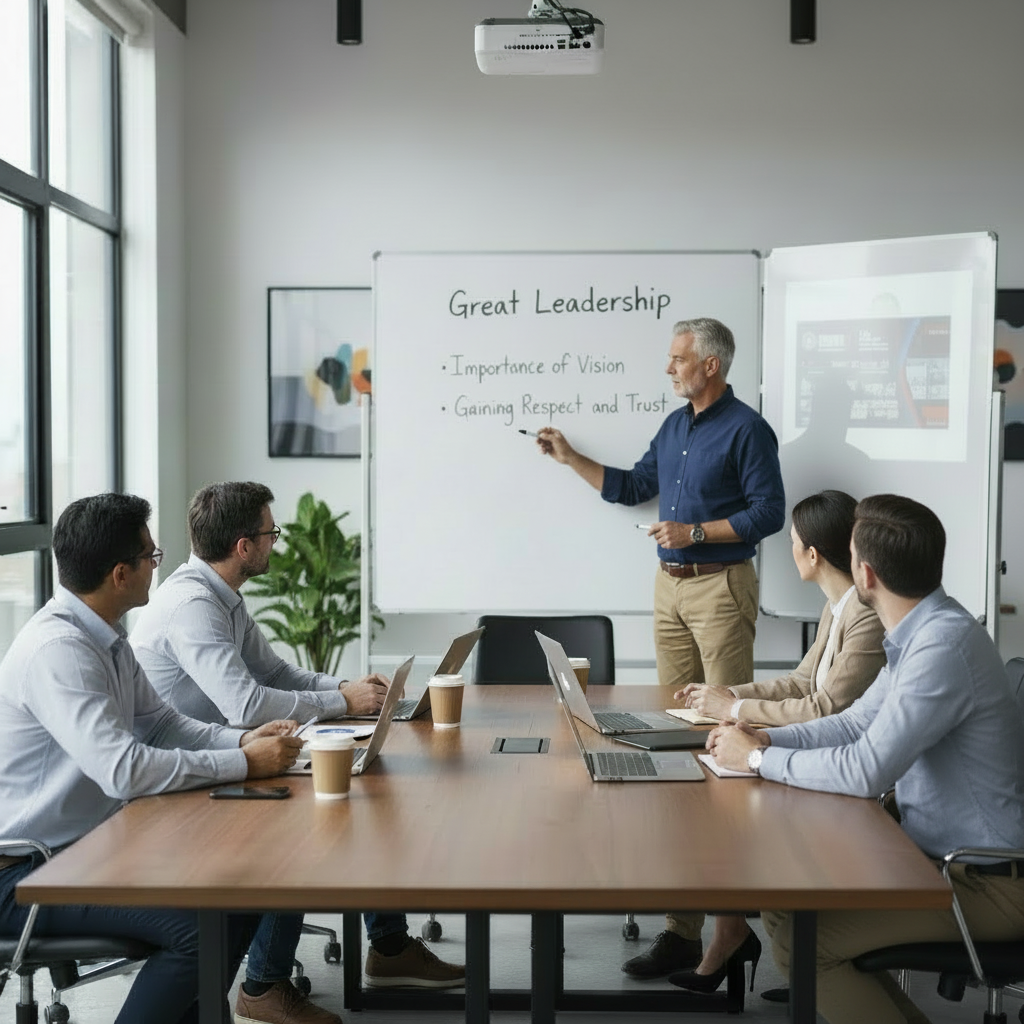 A business meeting scene with a male presenter who looks about 65 years old, standing and writing on a whiteboard. The whiteboard reads 'Great leadership' at the top, with 'Importance of vision' underneath, and then 'Gaining respect and trust' under that. The attendees are sitting casually around a table and are dressed in casual attire (not suits). The mood is collaborative and focused.