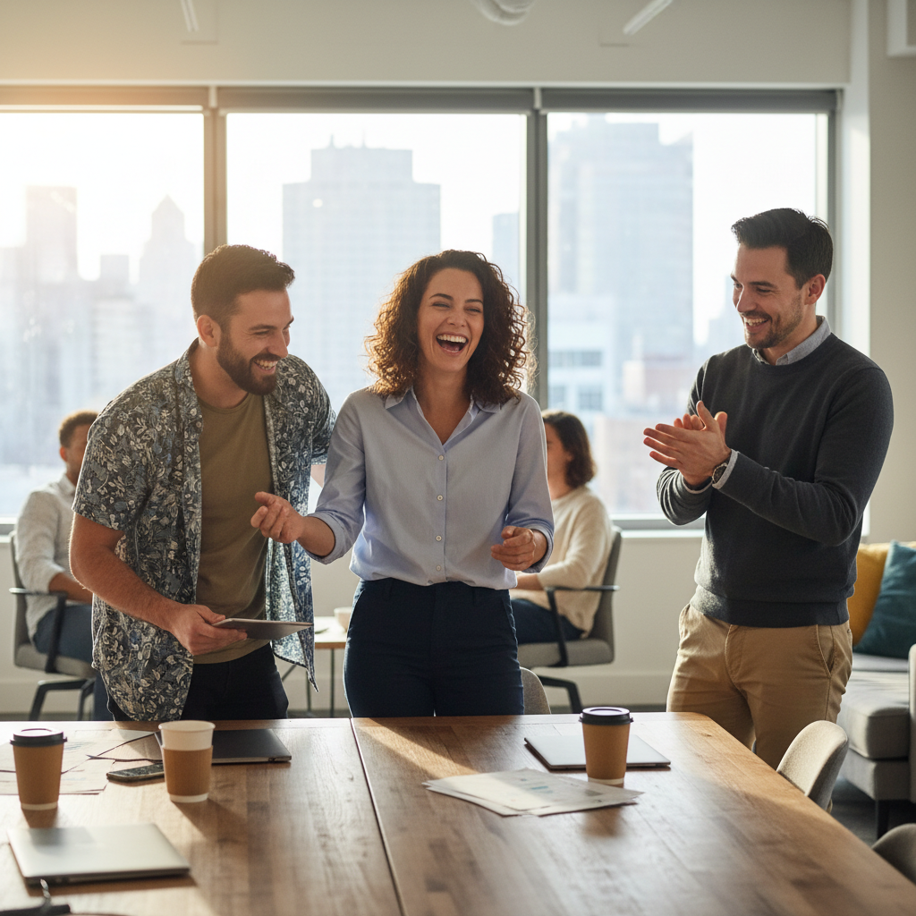 three happy people in a business setting, realistic, candid, less formal, authentic workplace moment