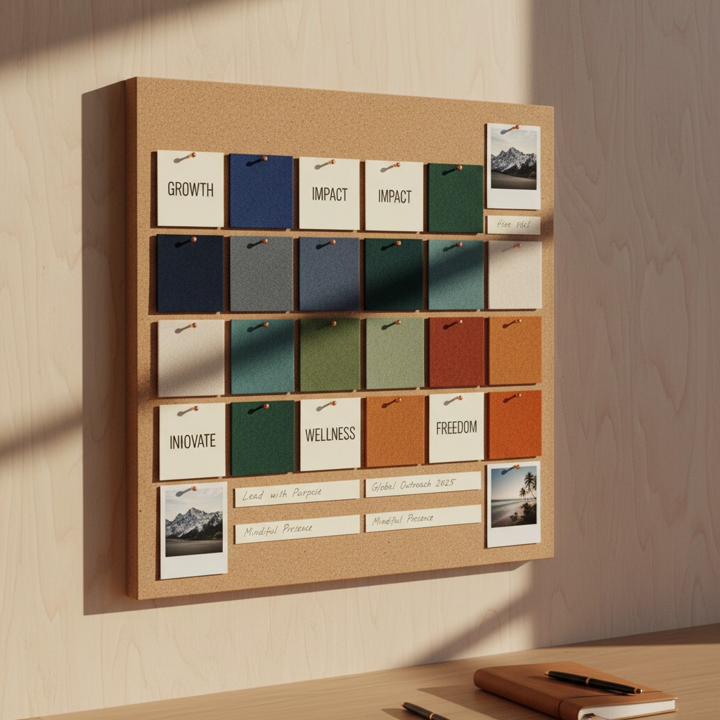 a bulletin board with inspirational words and photos, set against a wood-paneled wall and a wooden table with a pen and a ...